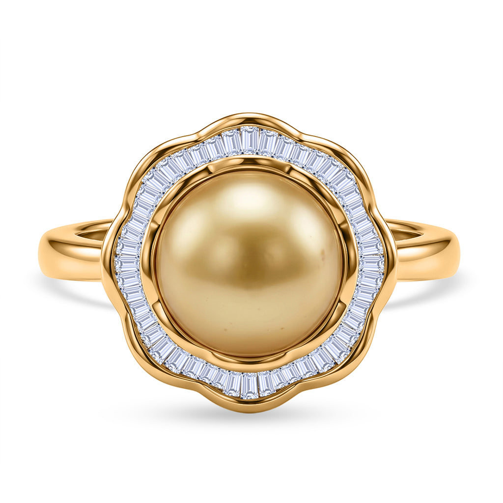 Royal Bali Collection - AAA Golden South Sea Pearl (10-11mm) & Natural White Diamond (0.20ct) Halo Ring in 18K Vermeil Yellow Gold Plated Sterling Silver_8566696