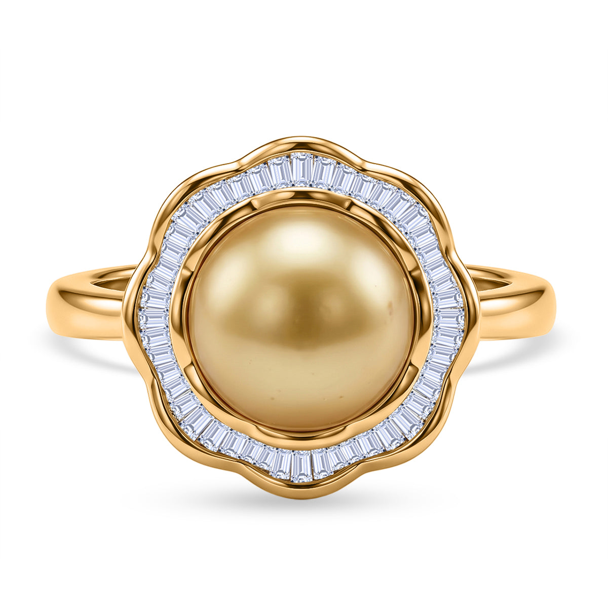 AAA Golden South Sea Pearl (10-11mm) &amp; Natural White Diamond (0.20ct) Halo Ring in 18K Vermeil Yellow Gold Plated Sterling Silver V32531379 0
