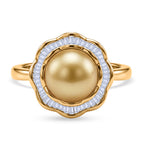 Royal Bali Collection - AAA Golden South Sea Pearl (10-11mm) & Natural White Diamond (0.20ct) Halo Ring in 18K Vermeil Yellow Gold Plated Sterling Silver_8566696
