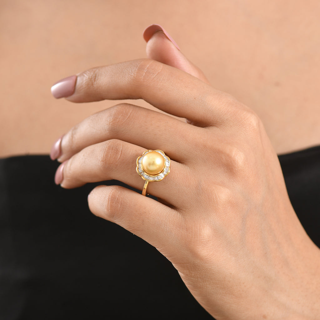 Royal Bali Collection - AAA Golden South Sea Pearl (10-11mm) & Natural White Diamond (0.20ct) Halo Ring in 18K Vermeil Yellow Gold Plated Sterling Silver_8566696_1