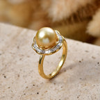 Royal Bali Collection - AAA Golden South Sea Pearl (10-11mm) & Natural White Diamond (0.20ct) Halo Ring in 18K Vermeil Yellow Gold Plated Sterling Silver_8566696_2