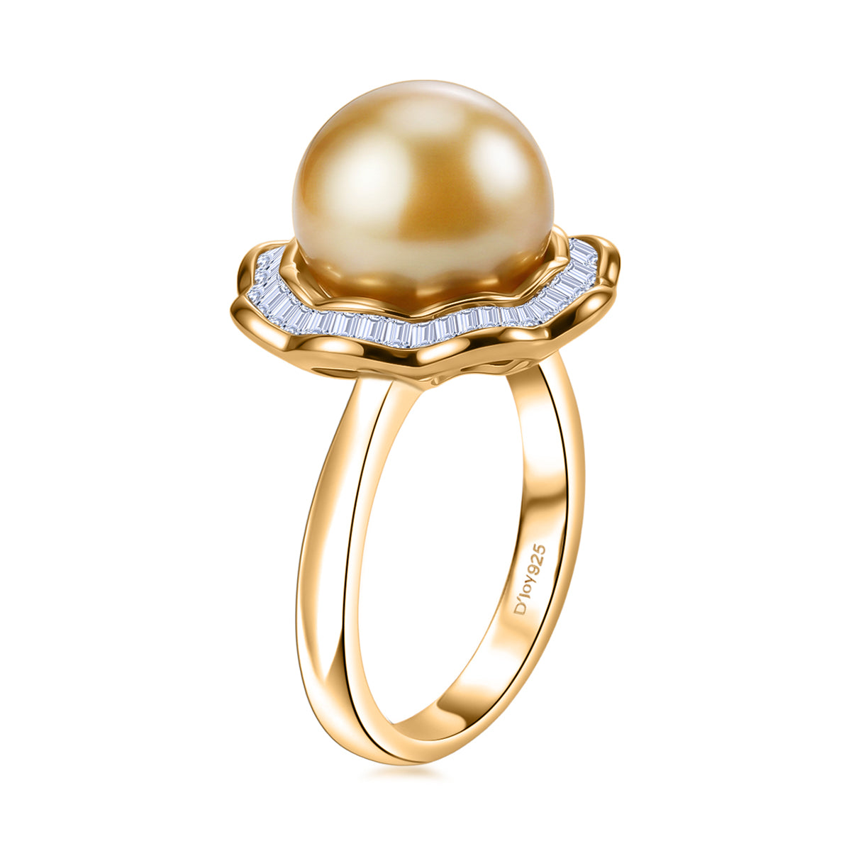 AAA Golden South Sea Pearl (10-11mm) &amp; Natural White Diamond (0.20ct) Halo Ring in 18K Vermeil Yellow Gold Plated Sterling Silver V32531379 4
