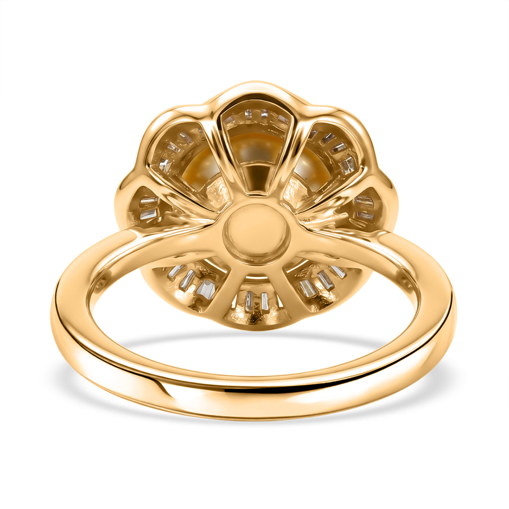 Royal Bali Collection - AAA Golden South Sea Pearl (10-11mm) & Natural White Diamond (0.20ct) Halo Ring in 18K Vermeil Yellow Gold Plated Sterling Silver_8566696_4