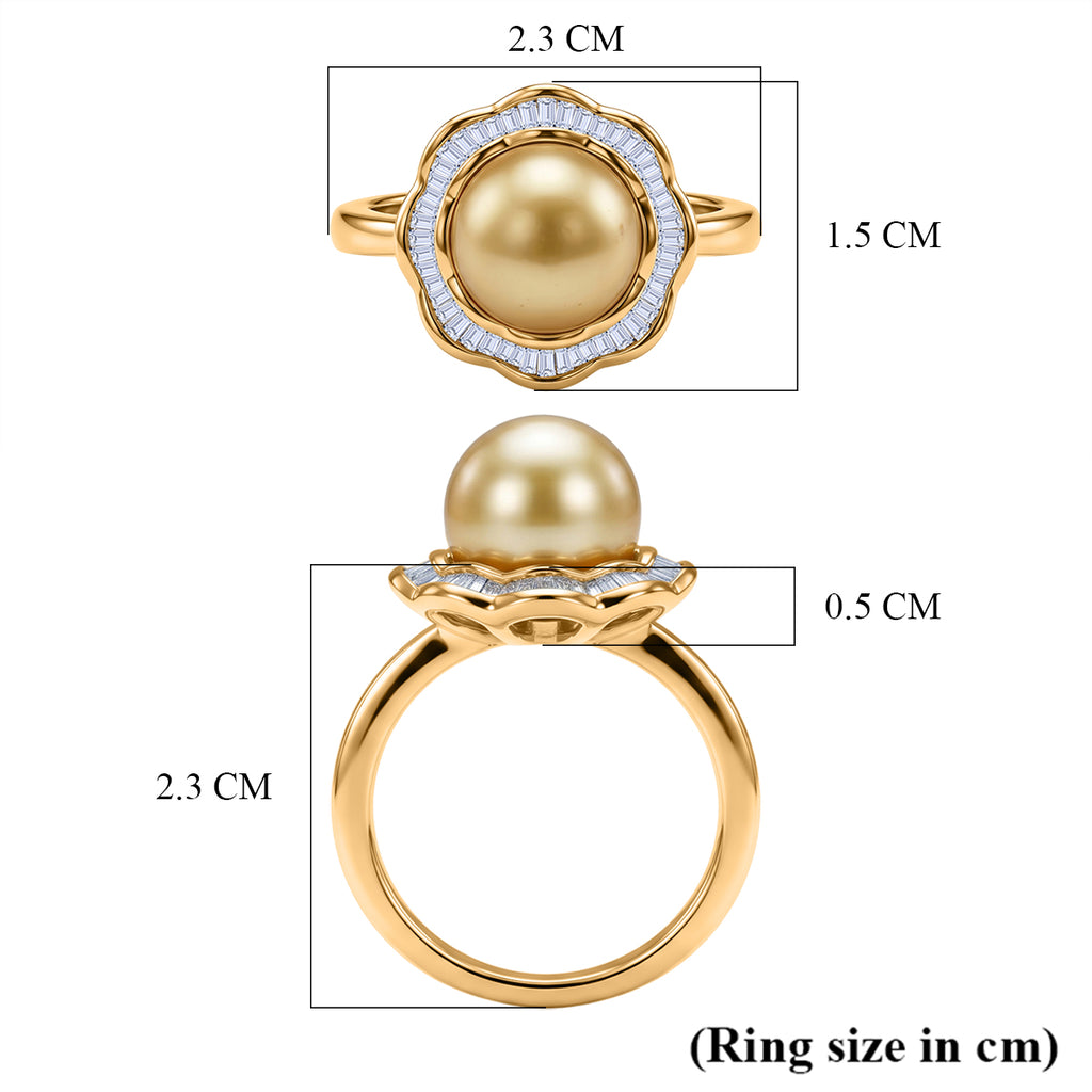Royal Bali Collection - AAA Golden South Sea Pearl (10-11mm) & Natural White Diamond (0.20ct) Halo Ring in 18K Vermeil Yellow Gold Plated Sterling Silver_8566696_5