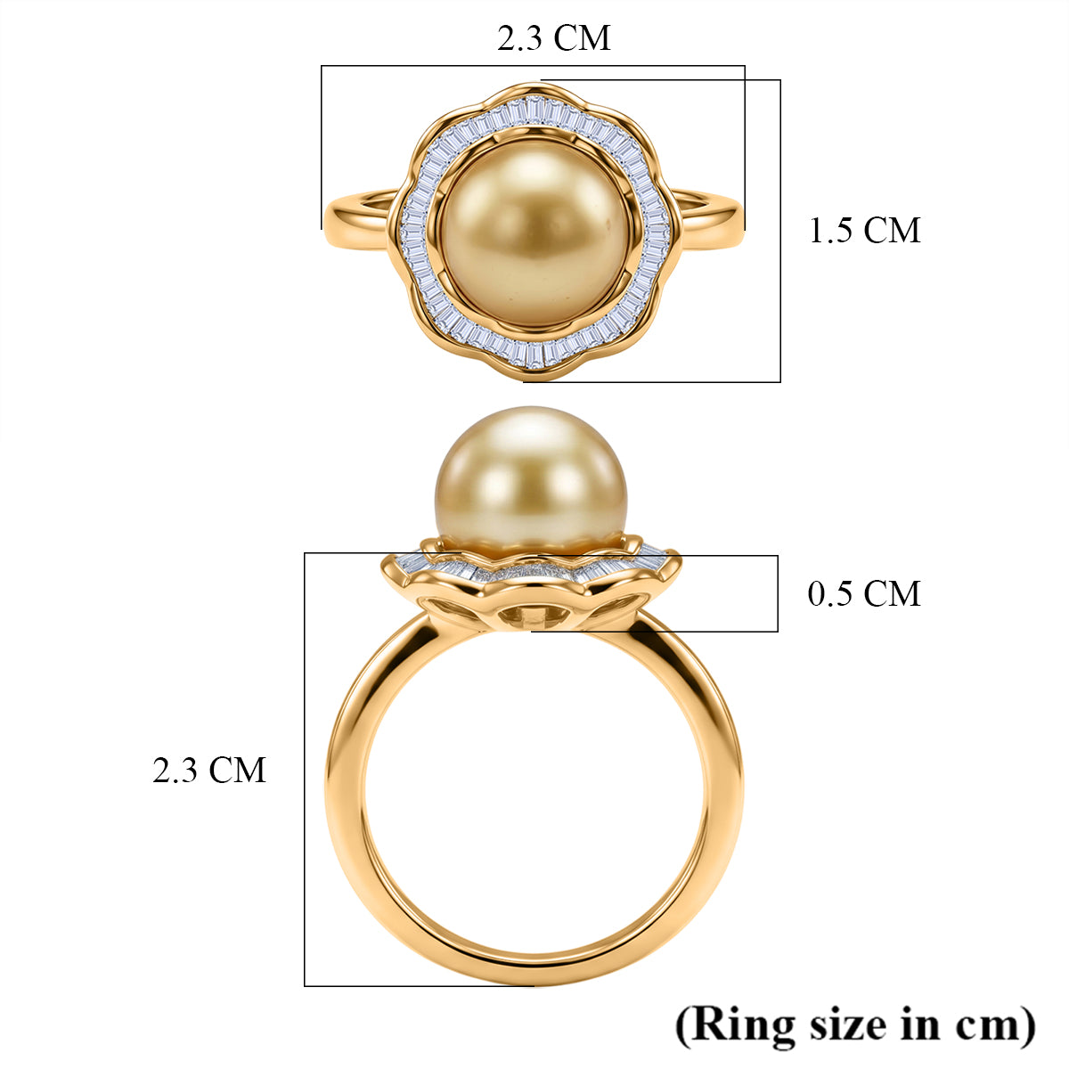 AAA Golden South Sea Pearl (10-11mm) &amp; Natural White Diamond (0.20ct) Halo Ring in 18K Vermeil Yellow Gold Plated Sterling Silver V32531379 6