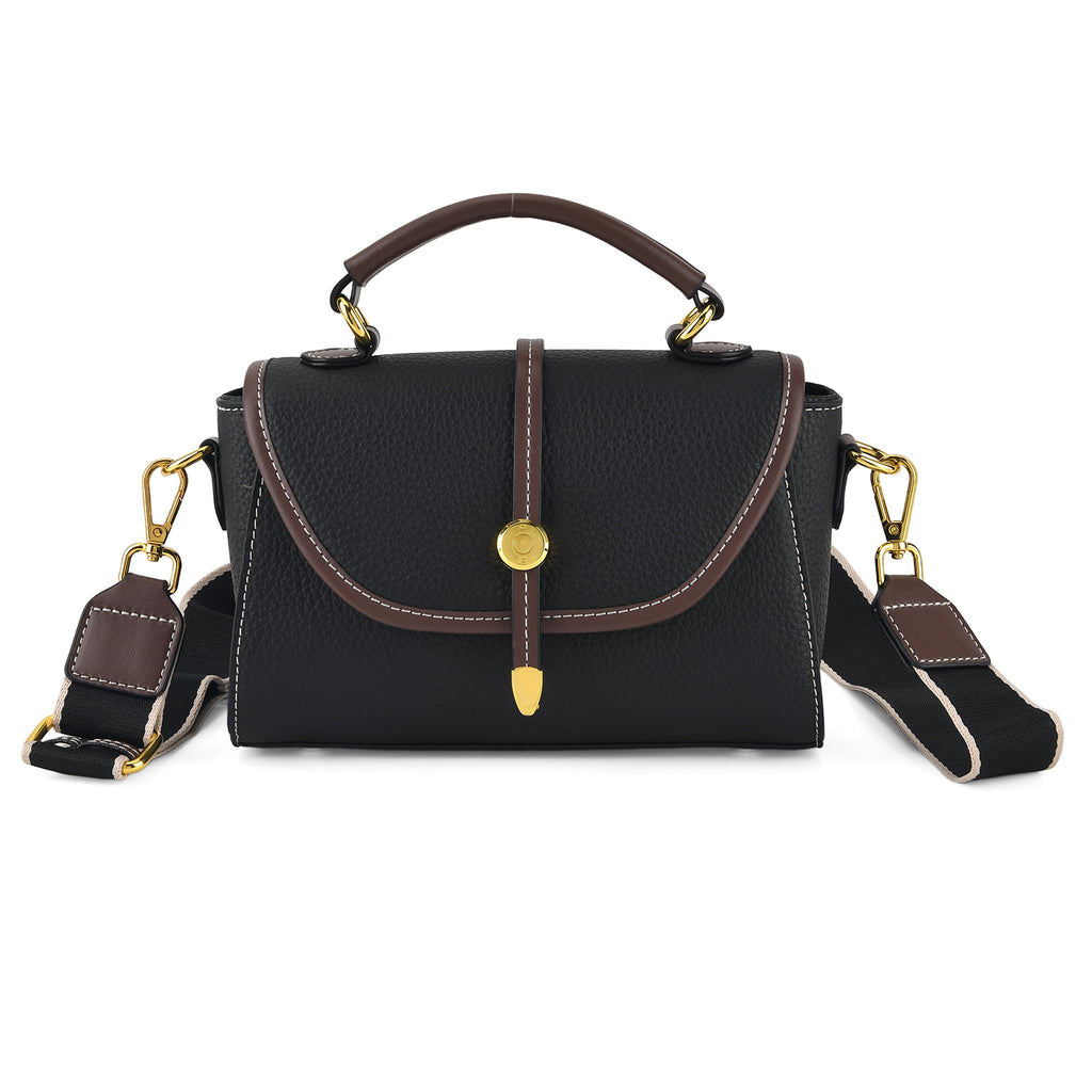 Genuine Leather Structured Flapover Satchel Bag with Webbing Strap - Black_8566737