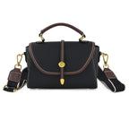 Genuine Leather Structured Flapover Satchel Bag with Webbing Strap - Black_8566737
