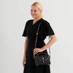 Genuine Leather Structured Flapover Satchel Bag with Webbing Strap - Black_8566737_2