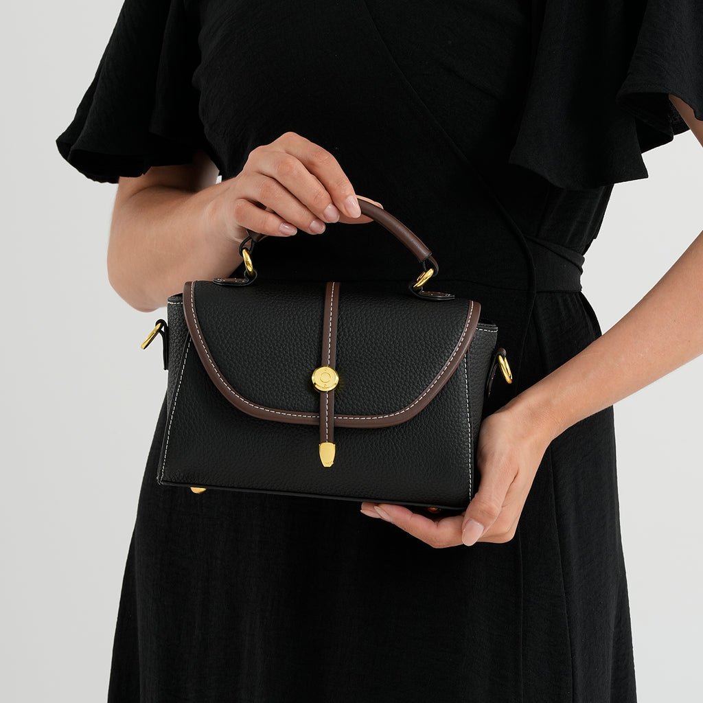Genuine Leather Structured Flapover Satchel Bag with Webbing Strap - Black_8566737_3