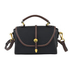 Genuine Leather Structured Flapover Satchel Bag with Webbing Strap - Black_8566737_5