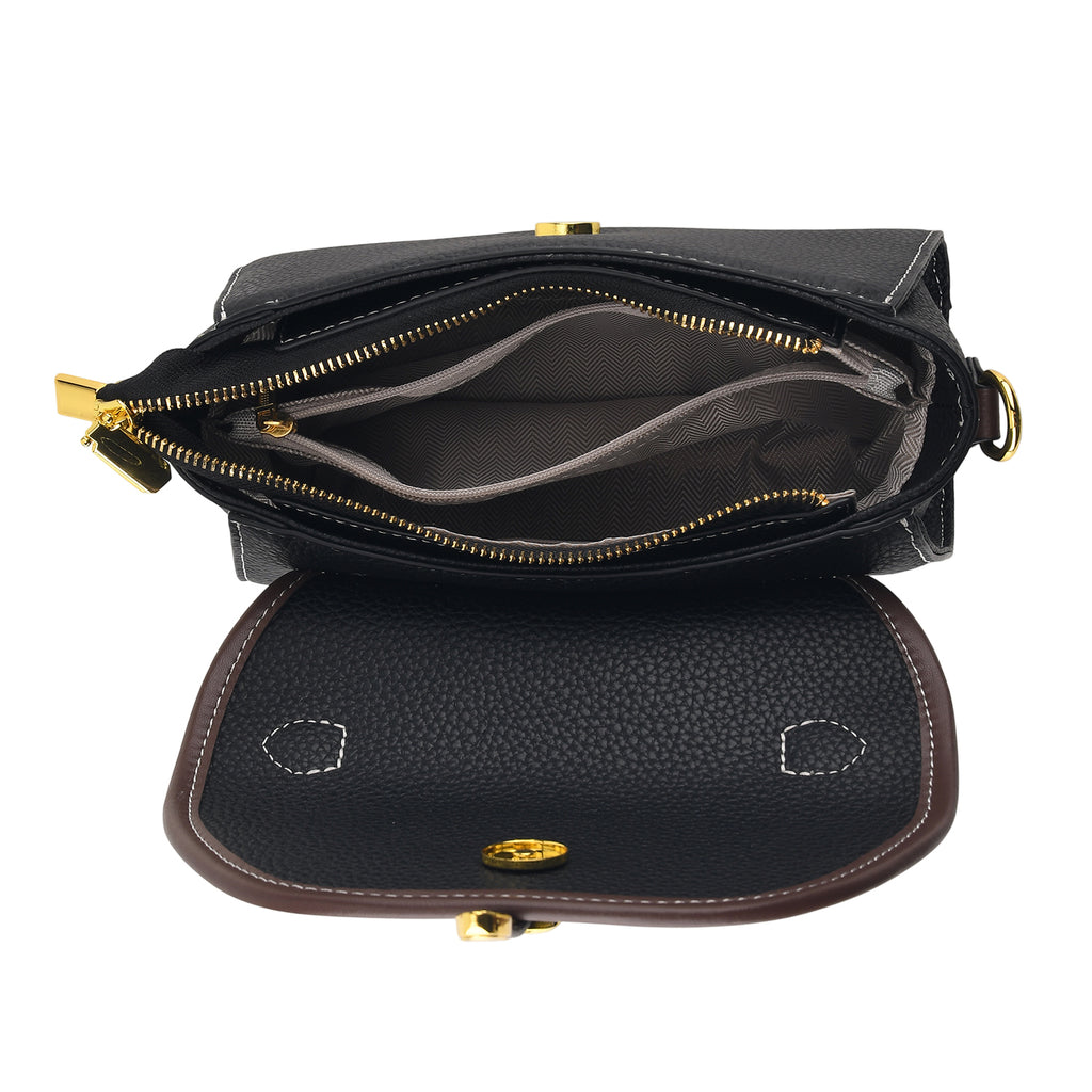 Genuine Leather Structured Flapover Satchel Bag with Webbing Strap - Black_8566737_6