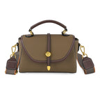 Genuine Leather Structured Flapover Satchel Bag with Webbing Strap - Khaki_8566745