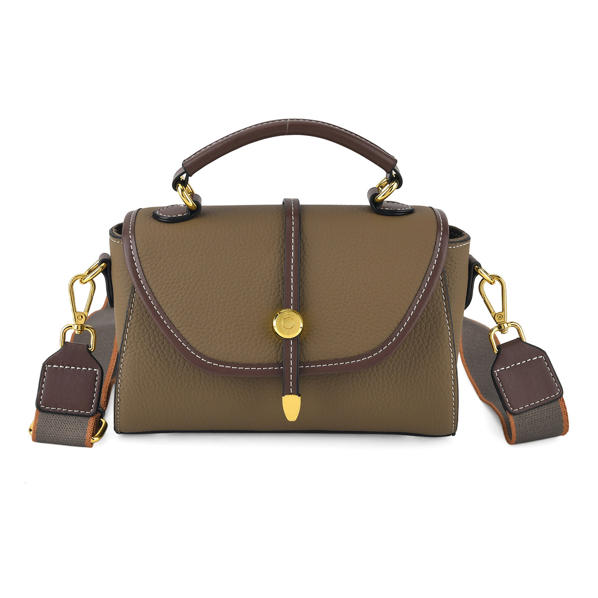 Genuine Leather Structured Flapover Satchel Bag with Webbing Strap - Khaki 8566745 0