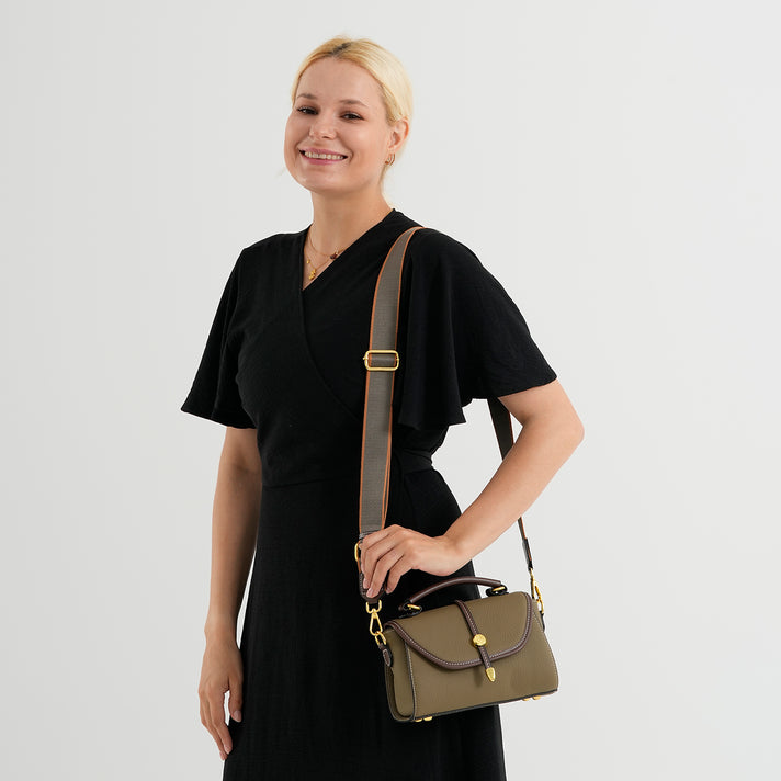 Genuine Leather Structured Flapover Satchel Bag with Webbing Strap - Khaki 8566745 2