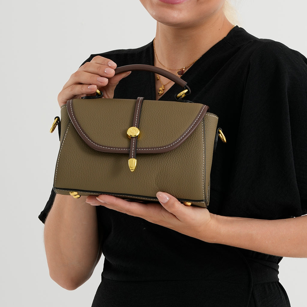 Genuine Leather Structured Flapover Satchel Bag with Webbing Strap - Khaki_8566745_3