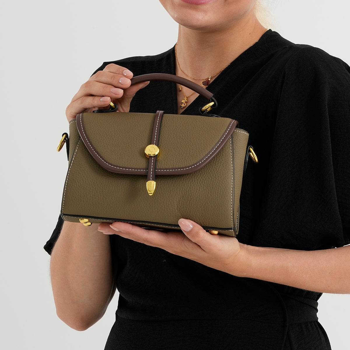 Genuine Leather Structured Flapover Satchel Bag with Webbing Strap - Khaki 8566745 3