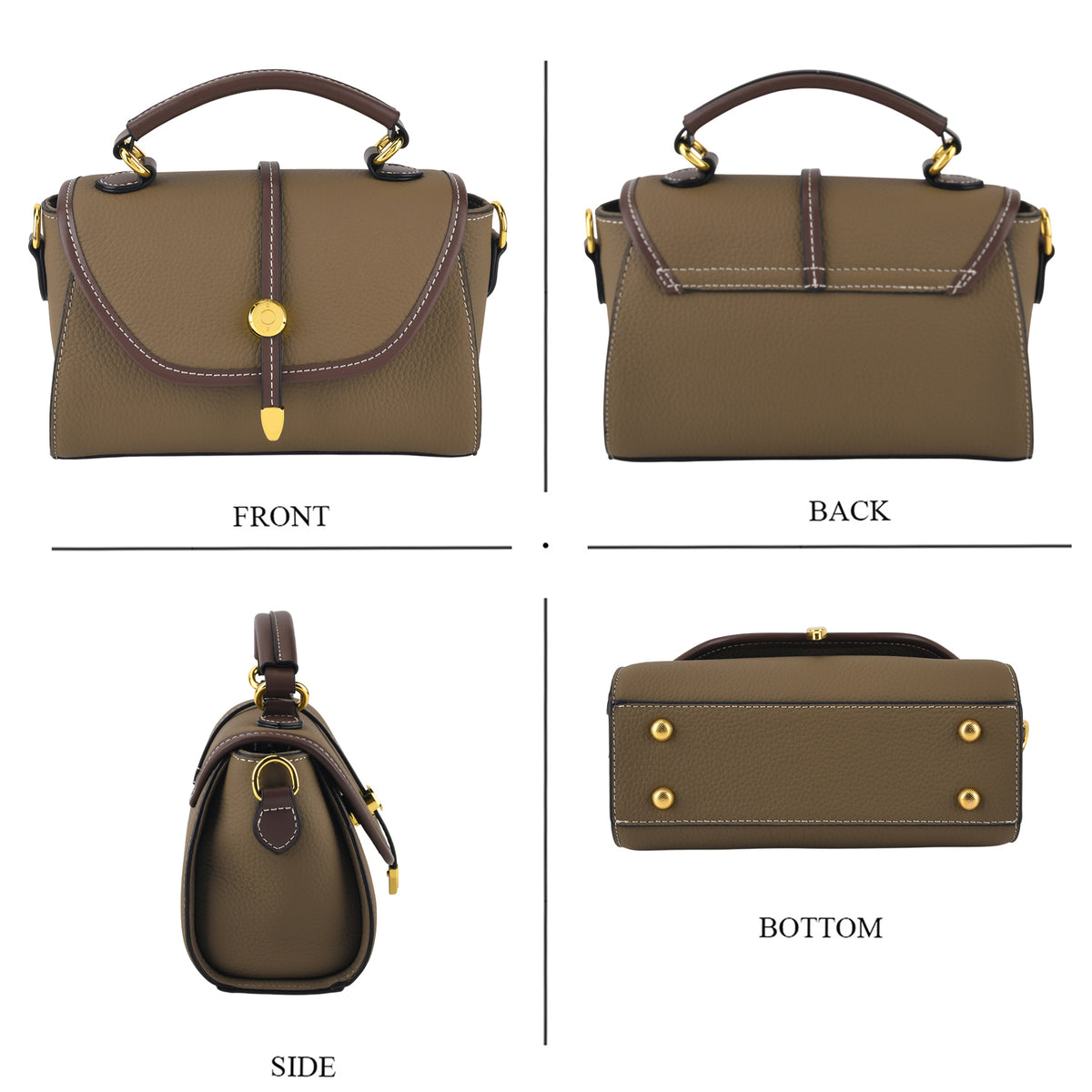 Genuine Leather Structured Flapover Satchel Bag with Webbing Strap - Khaki 8566745 4