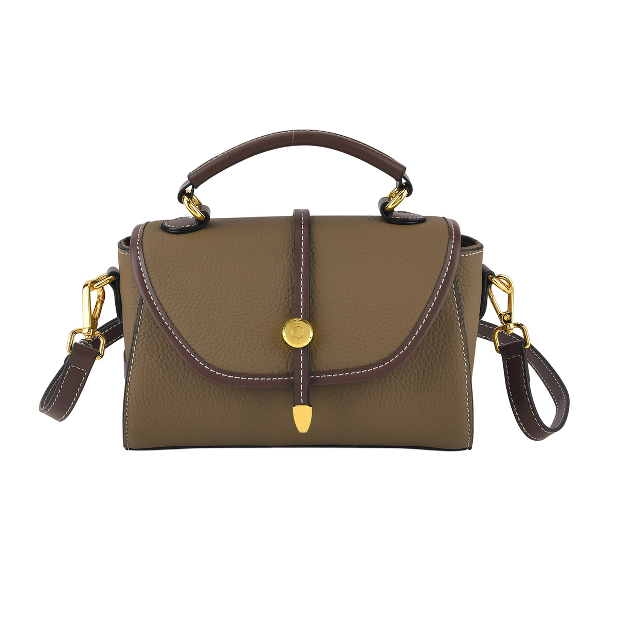 Genuine Leather Structured Flapover Satchel Bag with Webbing Strap - Khaki 8566745 5