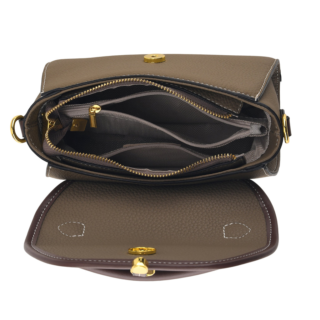 Genuine Leather Structured Flapover Satchel Bag with Webbing Strap - Khaki_8566745_6