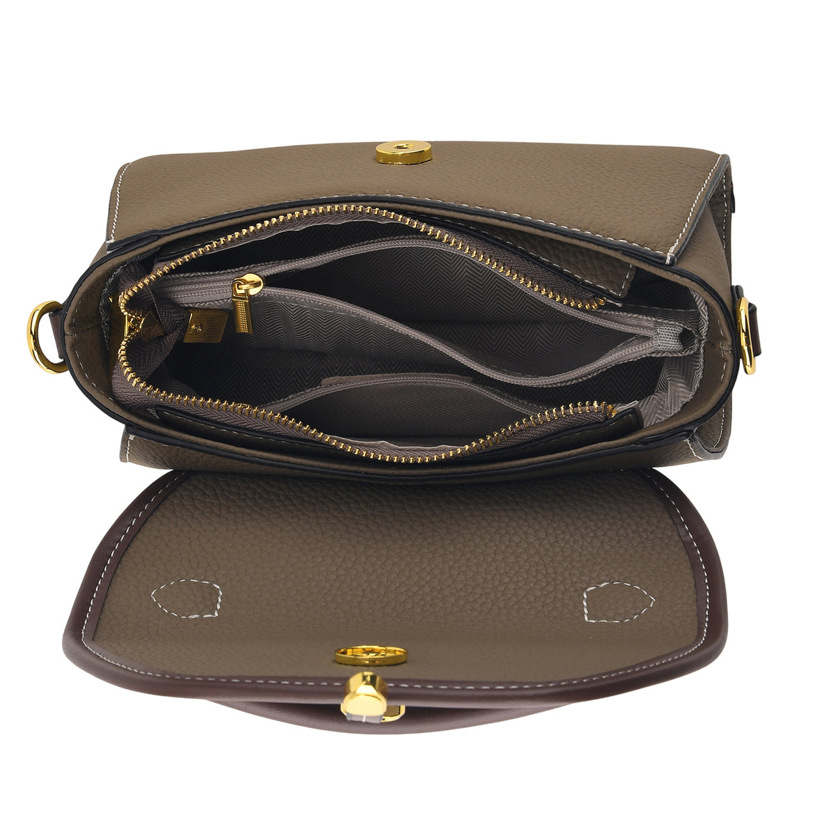 Genuine Leather Structured Flapover Satchel Bag with Webbing Strap - Khaki 8566745 6