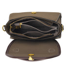 Genuine Leather Structured Flapover Satchel Bag with Webbing Strap - Khaki_8566745_6