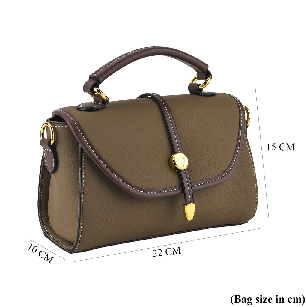 Genuine Leather Structured Flapover Satchel Bag with Webbing Strap - Khaki_8566745_8