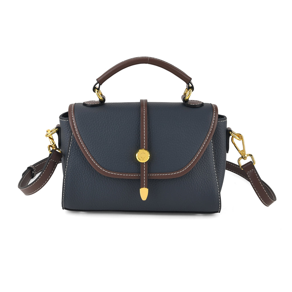 Genuine Leather Structured Flapover Satchel Bag with Webbing Strap - Dark Blue_8566746