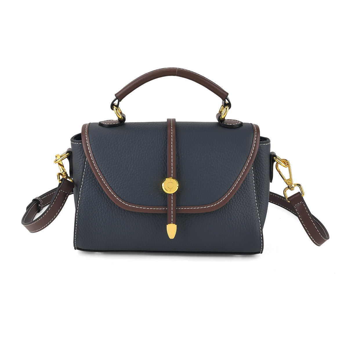 Genuine Leather Structured Flapover Satchel Bag with Webbing Strap - Dark Blue V32605333 0