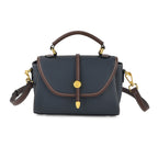 Genuine Leather Structured Flapover Satchel Bag with Webbing Strap - Dark Blue_8566746
