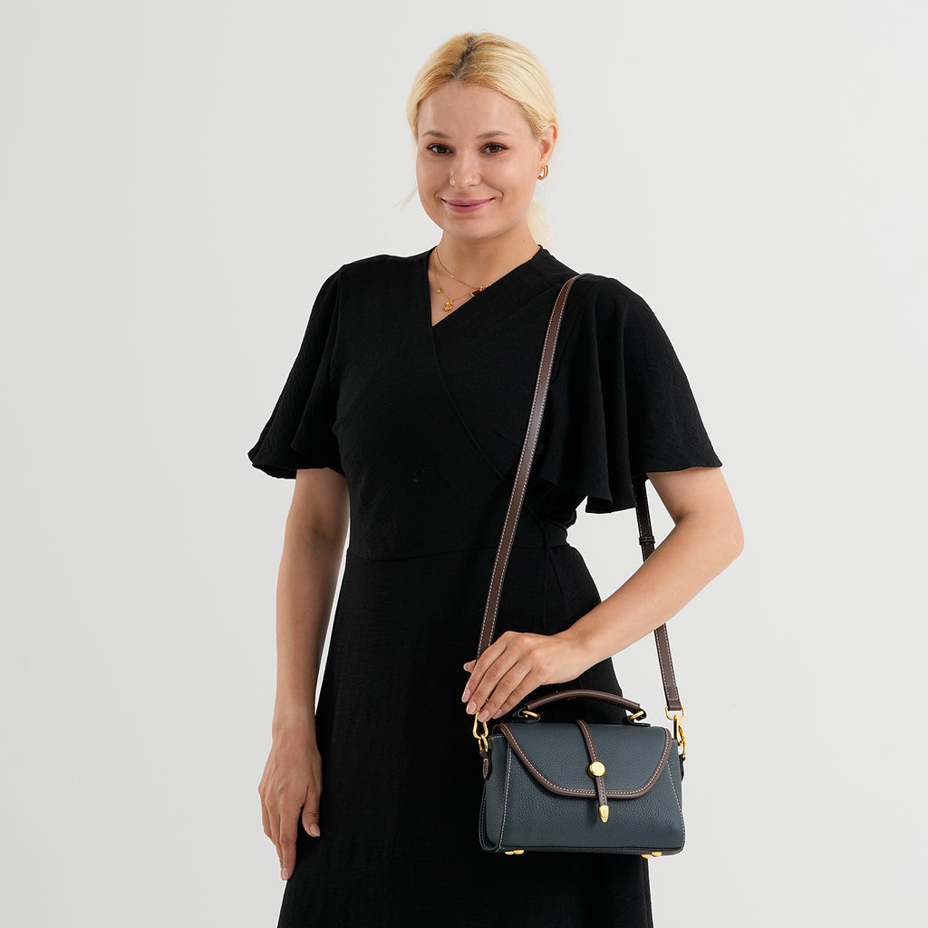 Genuine Leather Structured Flapover Satchel Bag with Webbing Strap - Dark Blue_8566746_2