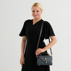 Genuine Leather Structured Flapover Satchel Bag with Webbing Strap - Dark Blue_8566746_2