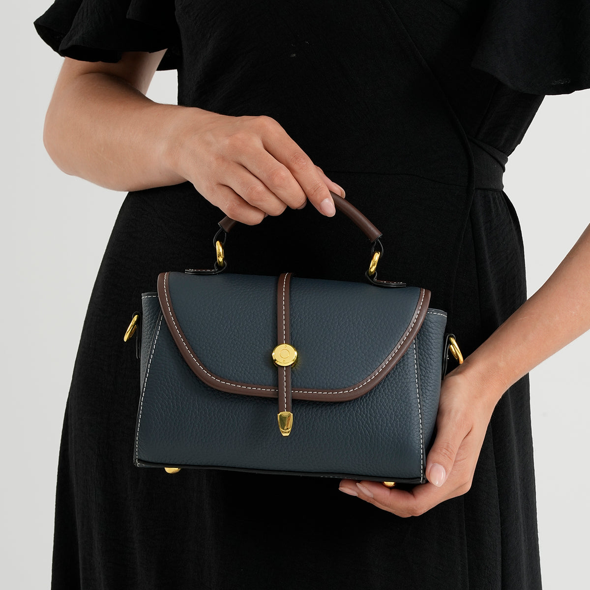 Genuine Leather Structured Flapover Satchel Bag with Webbing Strap - Dark Blue V32605333 3