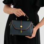 Genuine Leather Structured Flapover Satchel Bag with Webbing Strap - Dark Blue_8566746_3
