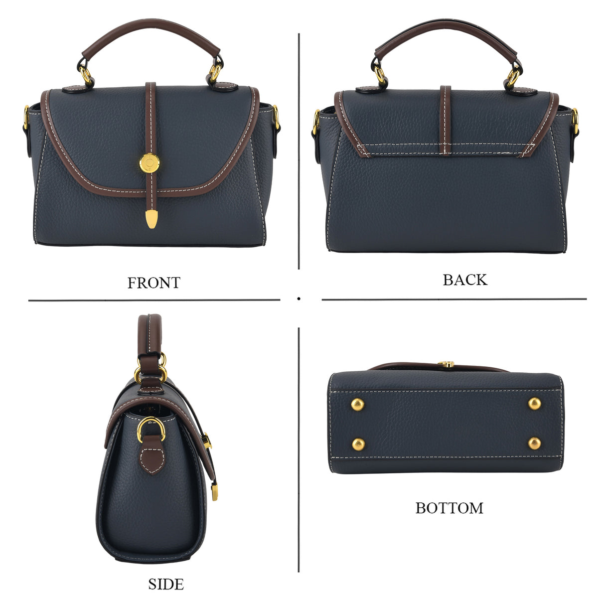 Genuine Leather Structured Flapover Satchel Bag with Webbing Strap - Dark Blue V32605333 4