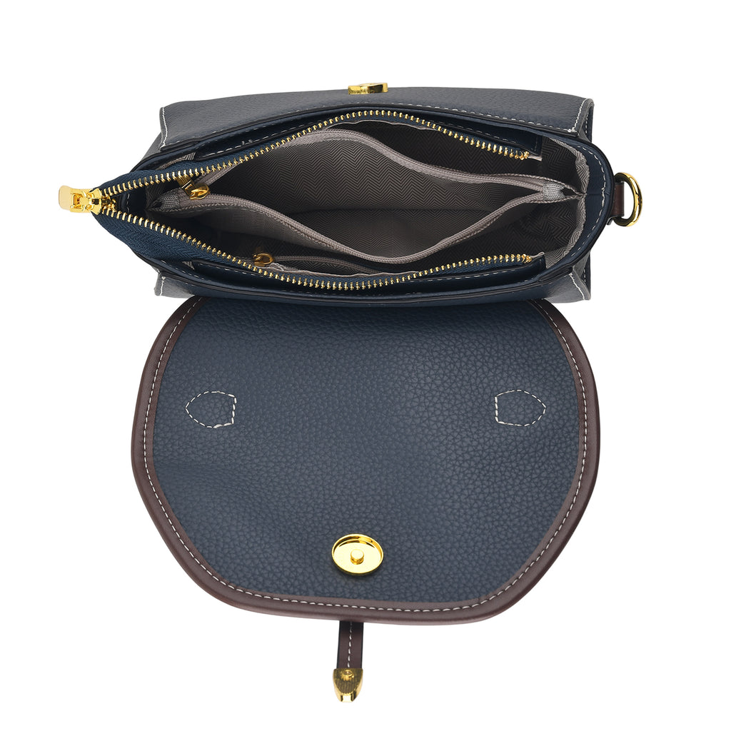 Genuine Leather Structured Flapover Satchel Bag with Webbing Strap - Dark Blue_8566746_5