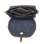 Genuine Leather Structured Flapover Satchel Bag with Webbing Strap - Dark Blue_8566746_5