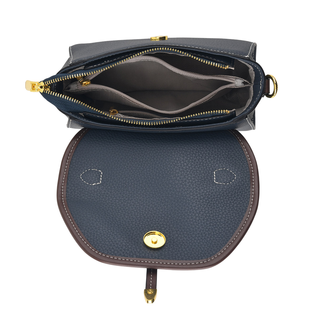 Genuine Leather Structured Flapover Satchel Bag with Webbing Strap - Dark Blue V32605333 5