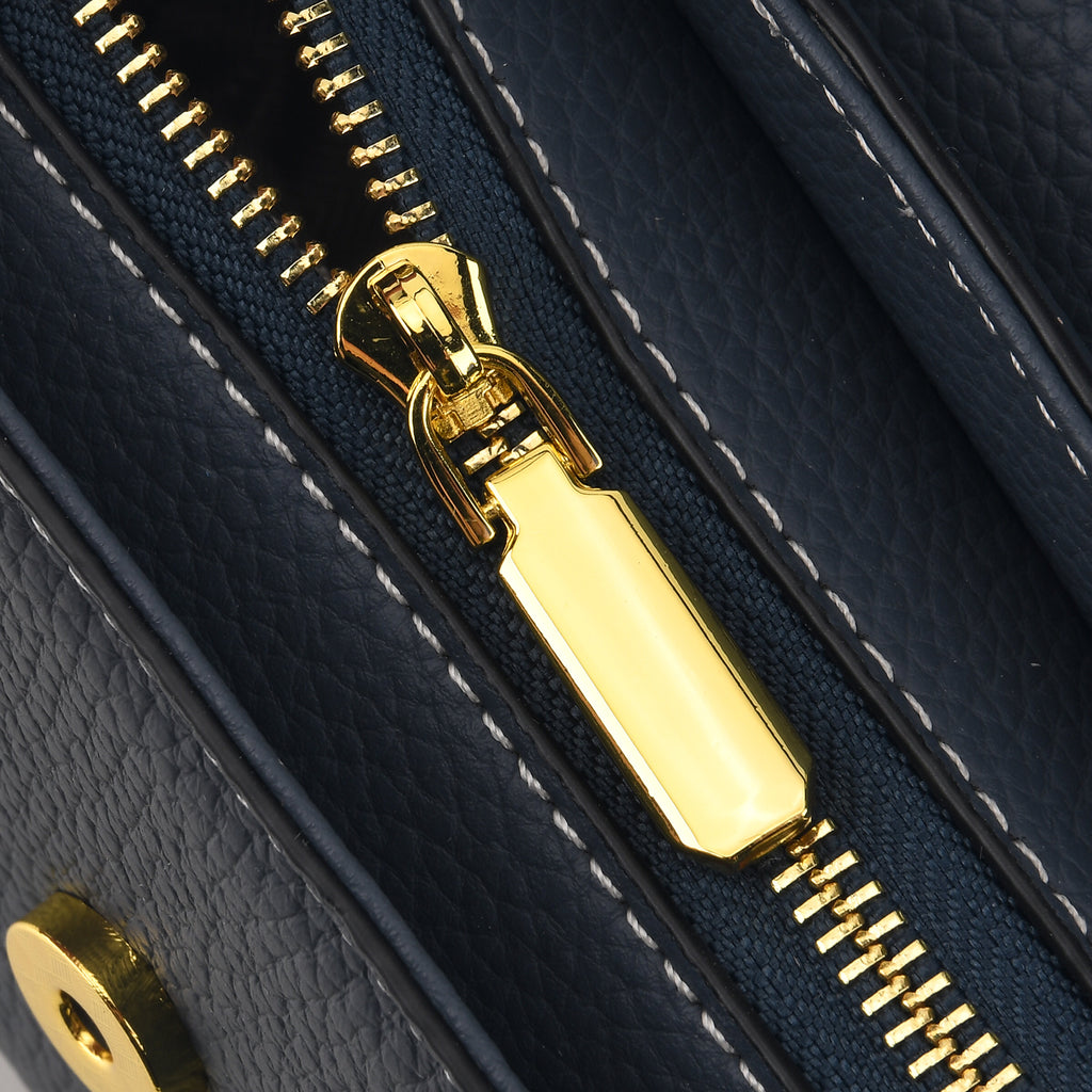 Genuine Leather Structured Flapover Satchel Bag with Webbing Strap - Dark Blue_8566746_6