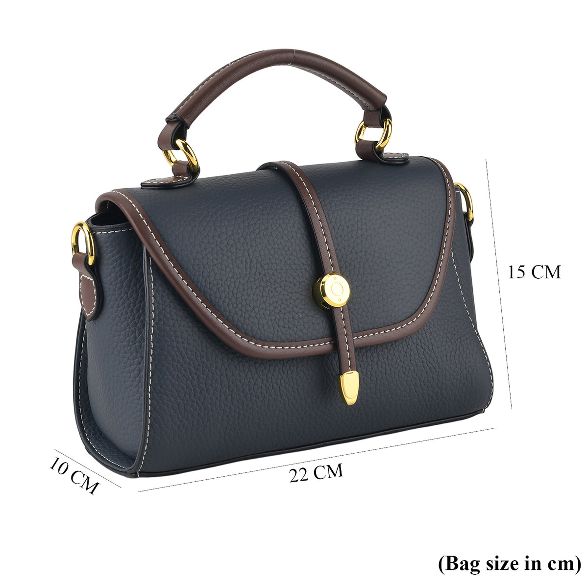 Genuine Leather Structured Flapover Satchel Bag with Webbing Strap - Dark Blue V32605333 7