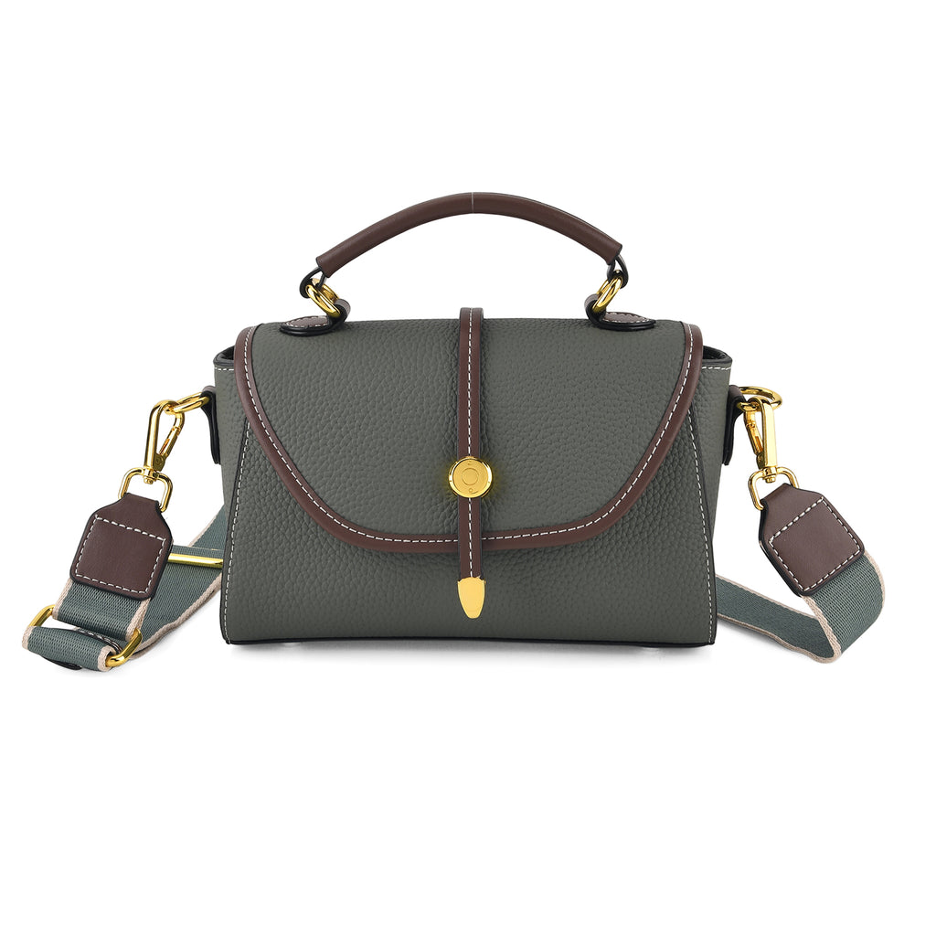 Genuine Leather Structured Flapover Satchel Bag with Webbing Strap - Green_8566747