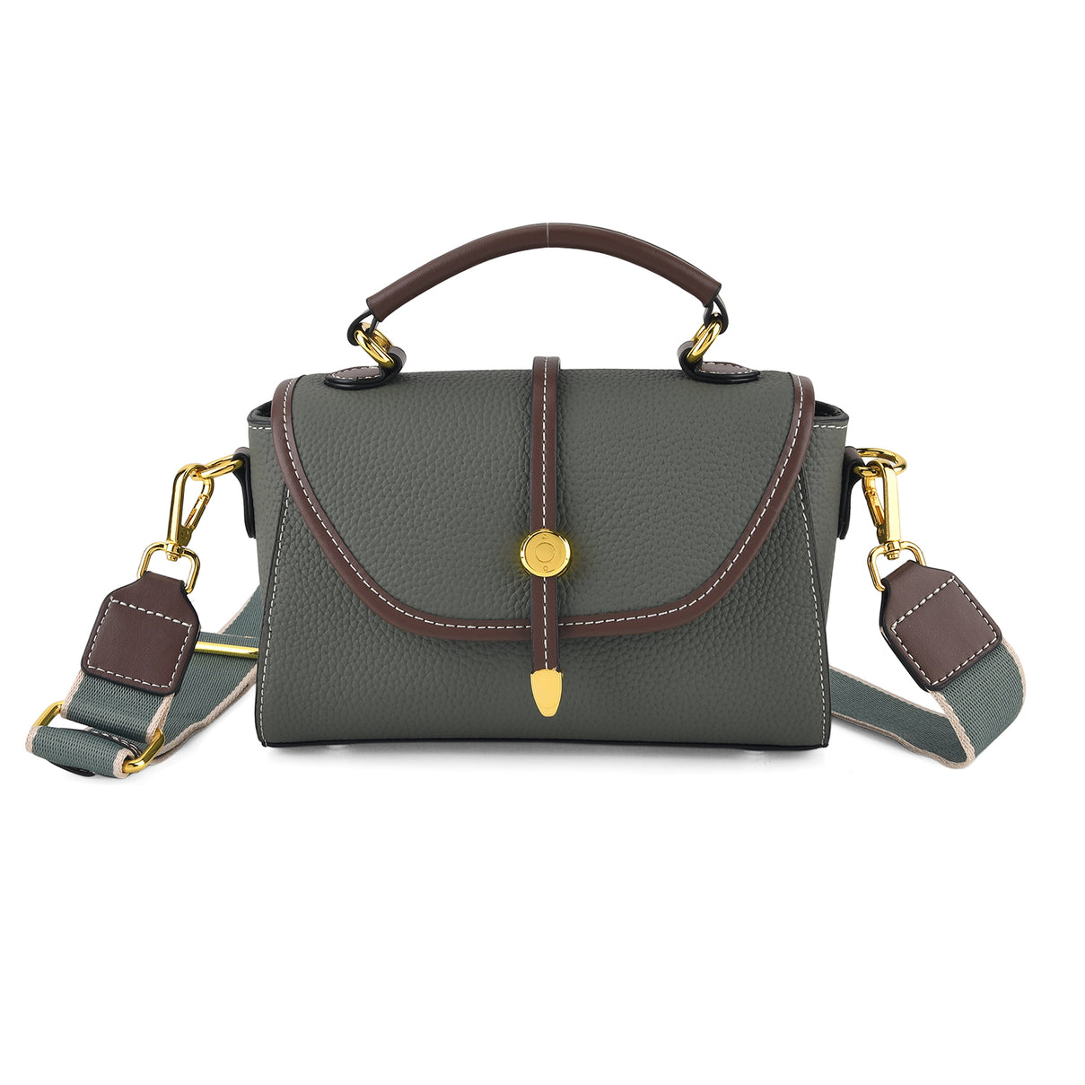 Genuine Leather Structured Flapover Satchel Bag with Webbing Strap - Green V32521268 0