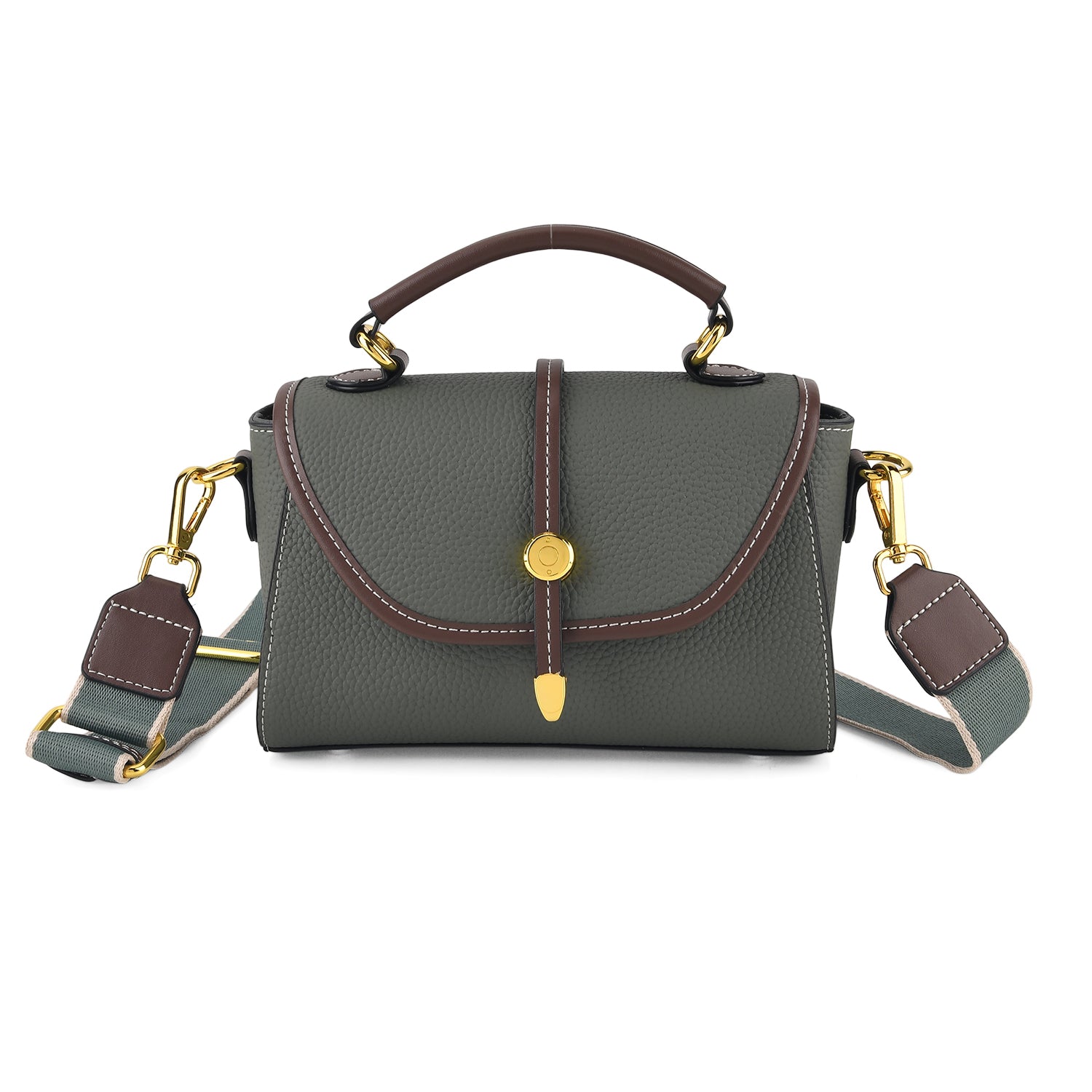 Genuine Leather Structured Flapover Satchel Bag with Webbing Strap - Green V32521268 0