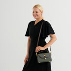 Genuine Leather Structured Flapover Satchel Bag with Webbing Strap - Green_8566747_2