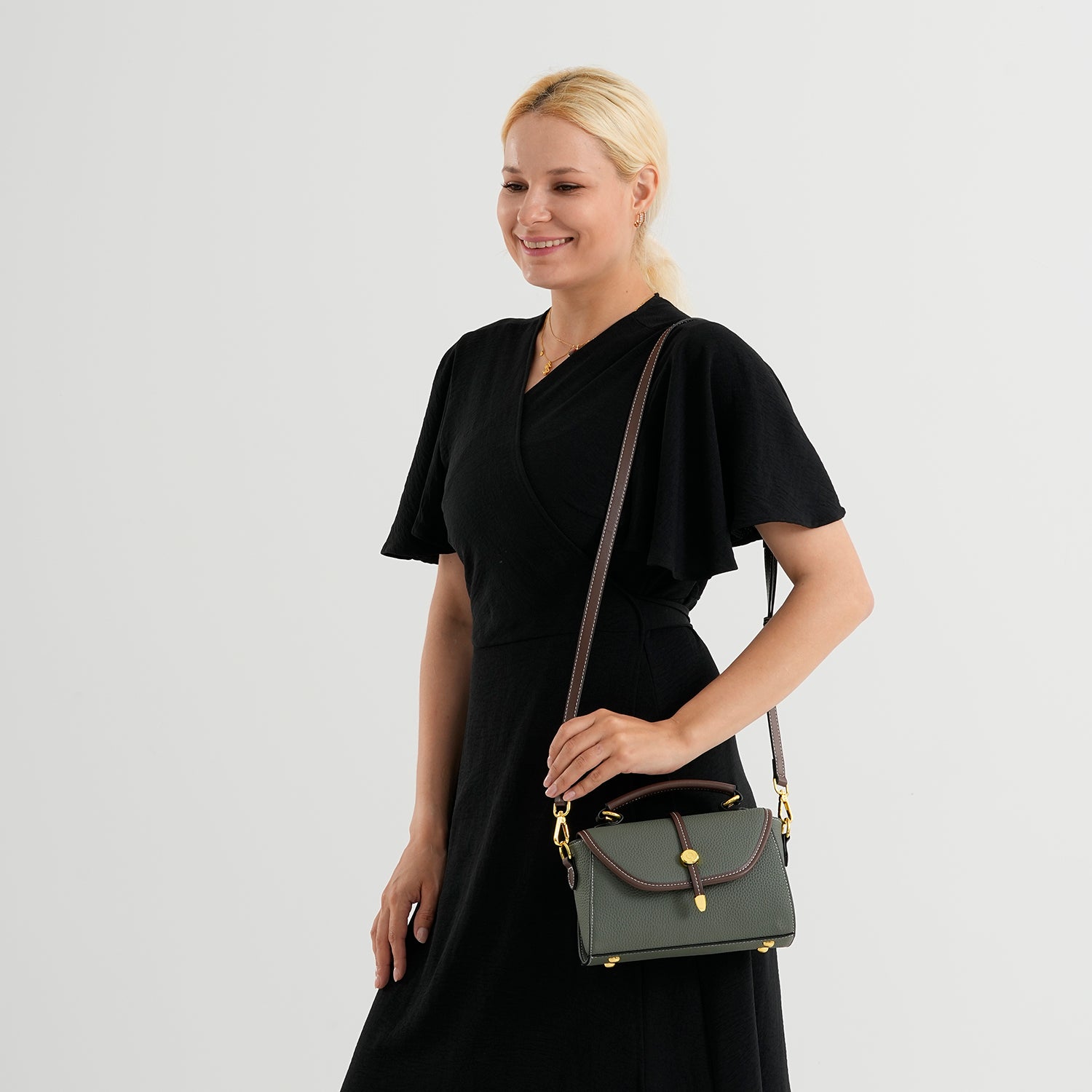 Genuine Leather Structured Flapover Satchel Bag with Webbing Strap - Green V32521268 2