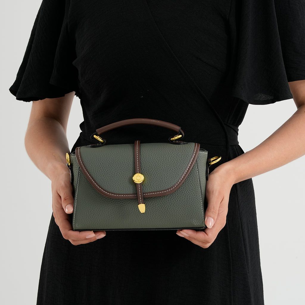 Genuine Leather Structured Flapover Satchel Bag with Webbing Strap - Green_8566747_3