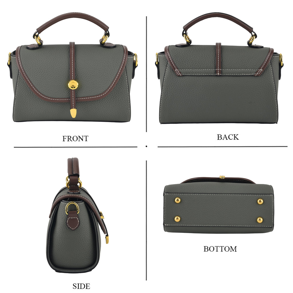 Genuine Leather Structured Flapover Satchel Bag with Webbing Strap - Green_8566747_4