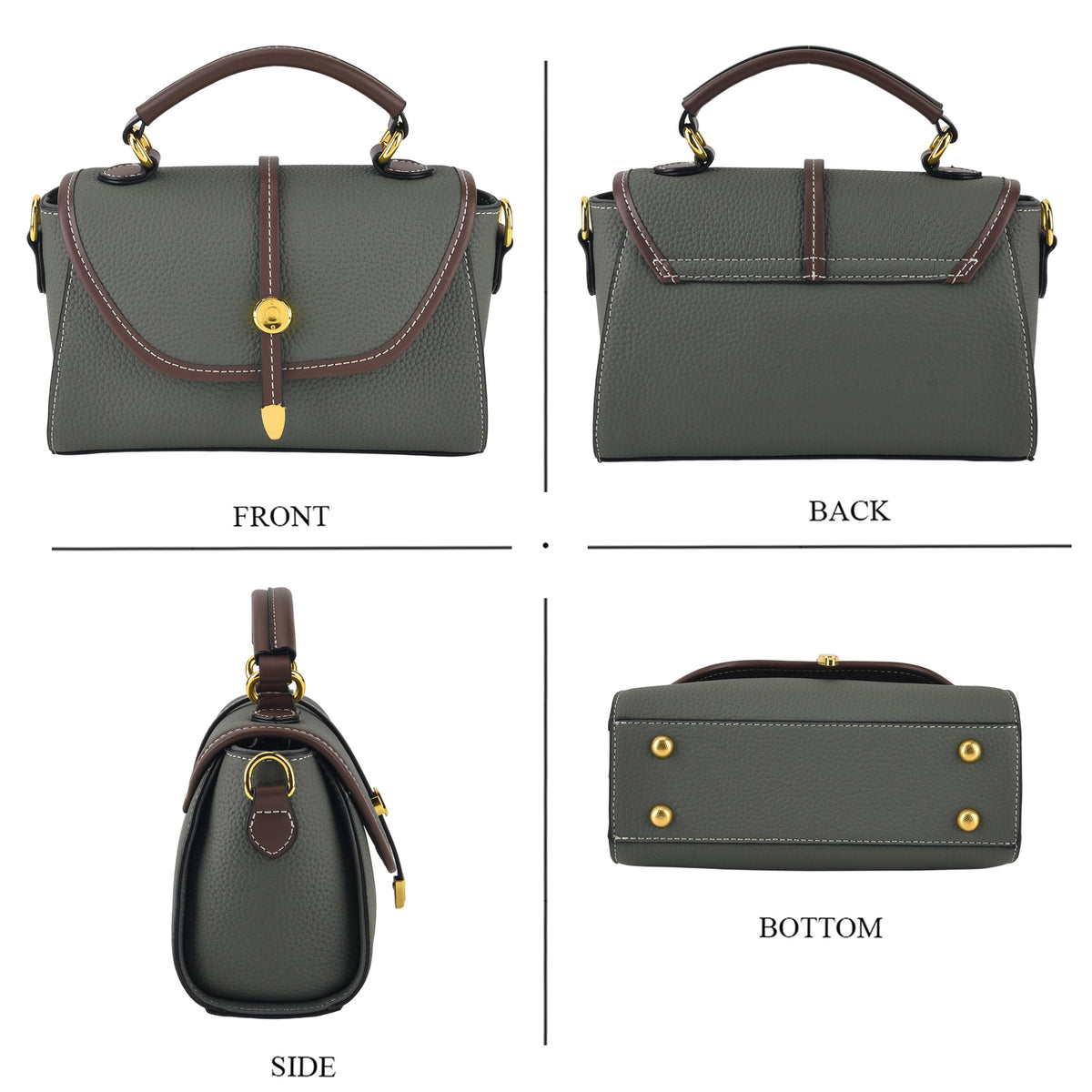 Genuine Leather Structured Flapover Satchel Bag with Webbing Strap - Green V32521268 4