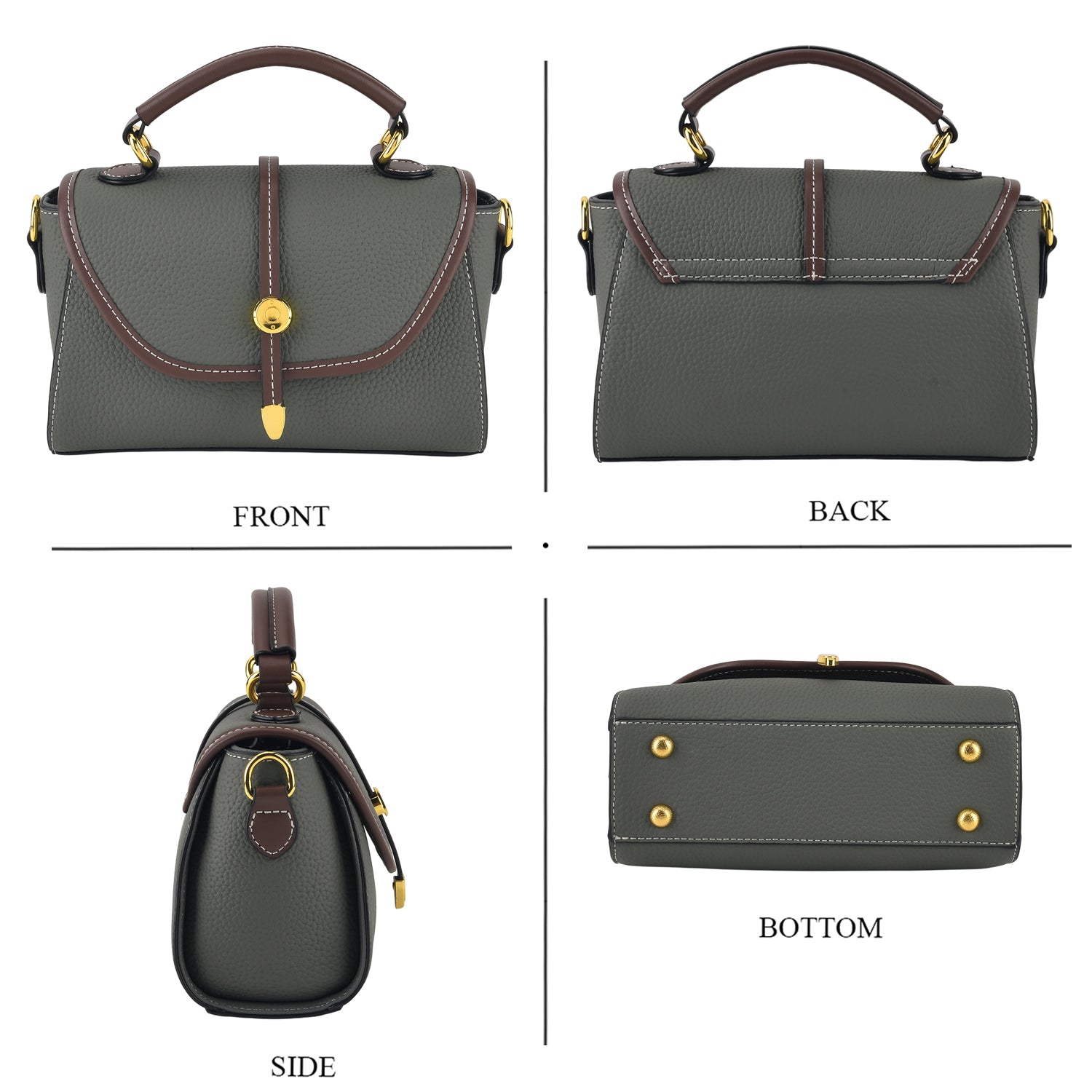 Genuine Leather Structured Flapover Satchel Bag with Webbing Strap - Green V32521268 4