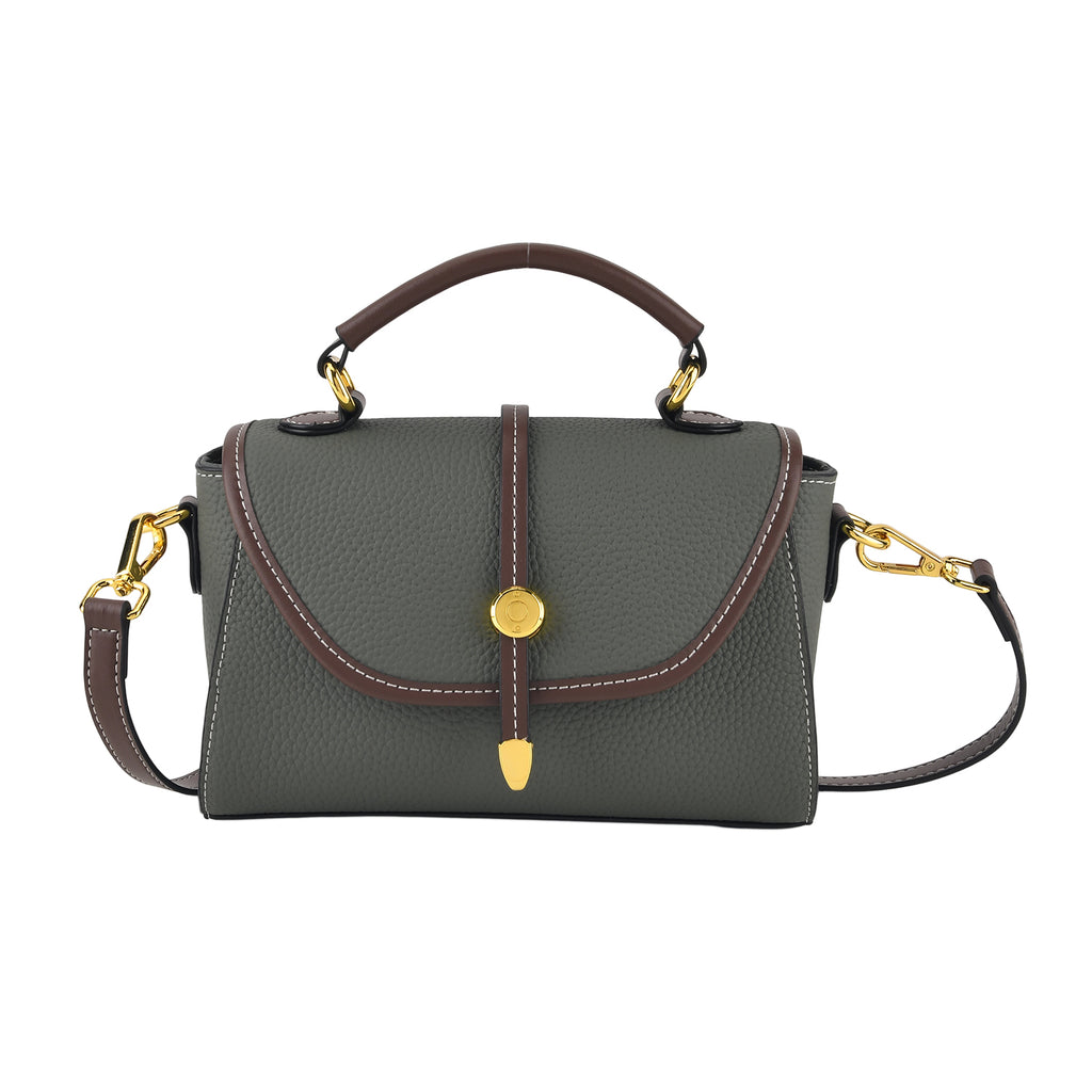 Genuine Leather Structured Flapover Satchel Bag with Webbing Strap - Green_8566747_5