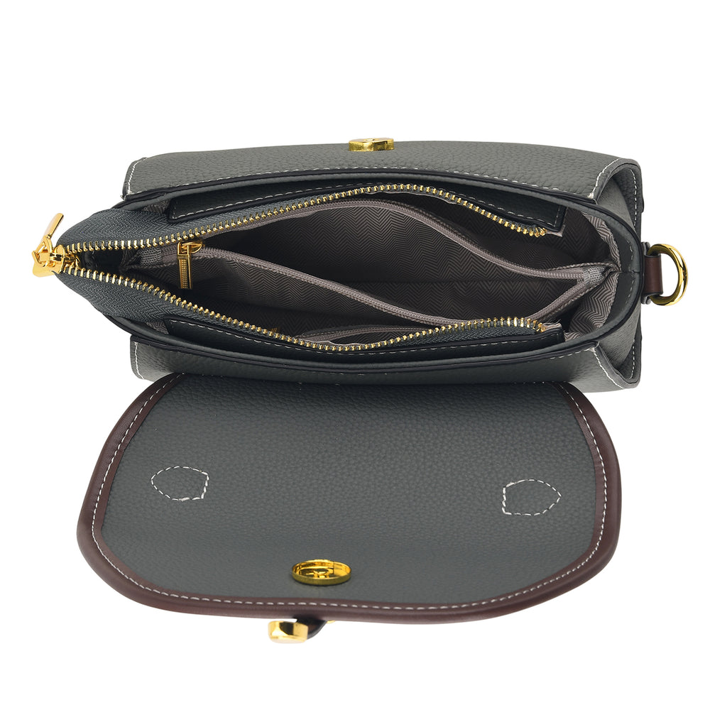 Genuine Leather Structured Flapover Satchel Bag with Webbing Strap - Green_8566747_6